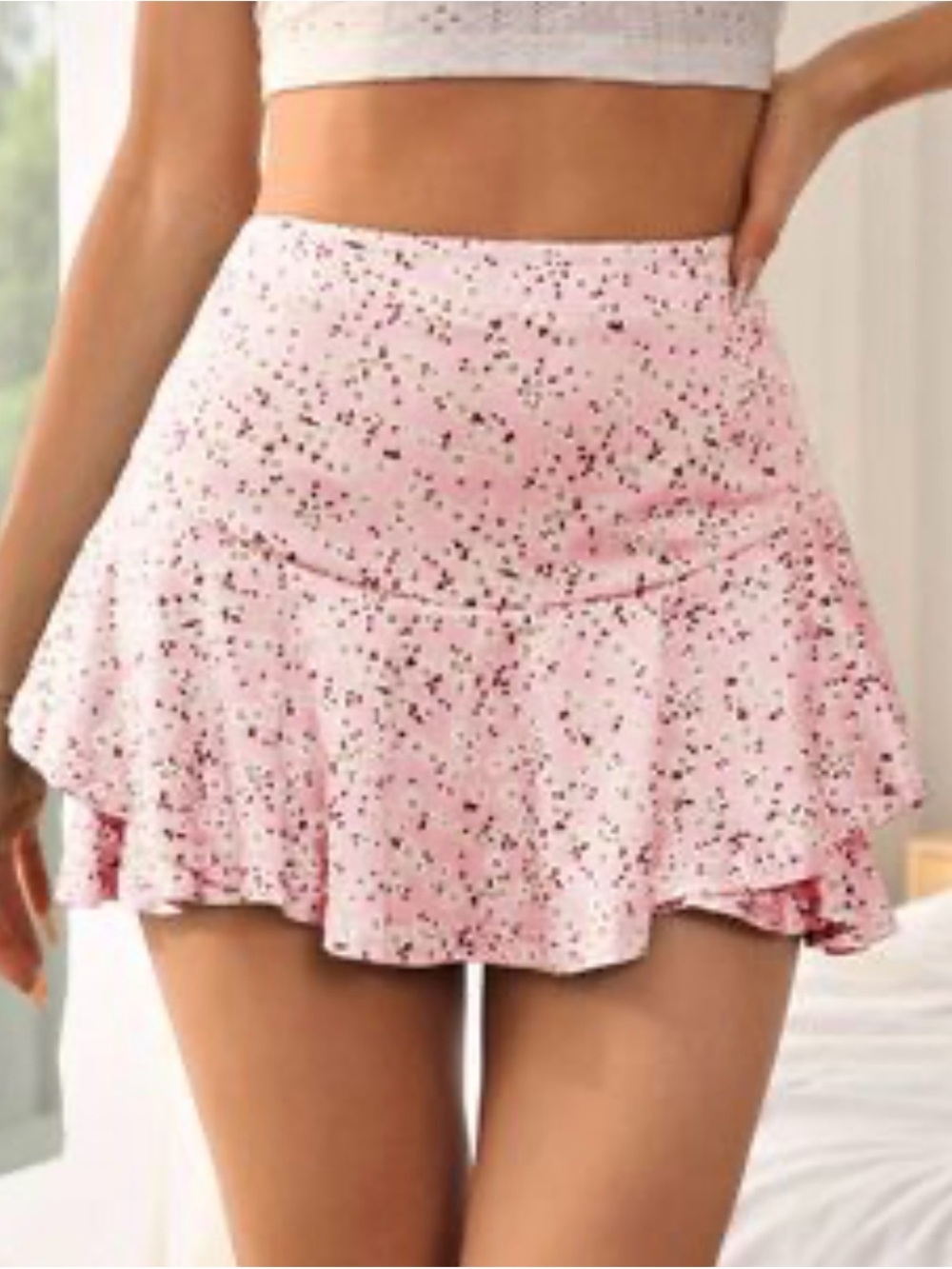 Pink Floral Ruffle Mini Skirt - Lightweight Casual Skort